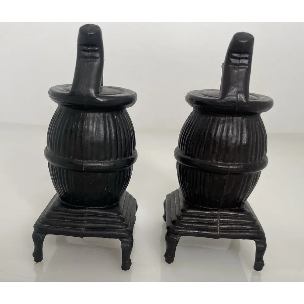 Vintage Pot Belly Stove Salt & Pepper Shakers Black Plastic with Stoppers